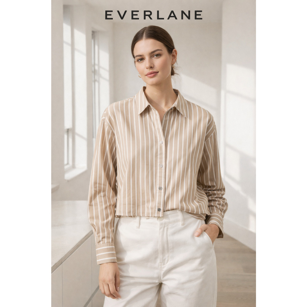 Everlane Beige and White Striped Button-Up Blouse